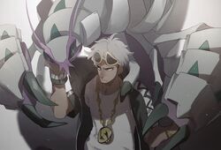  1boy arm_tattoo black_jacket blurry bracelet closed_mouth commentary_request eyewear_on_head frown gen_7_pokemon golisopod guzma_(pokemon) jacket jewelry male_focus necklace no-kan pokemon pokemon_(creature) pokemon_(game) pokemon_sm shirt short_sleeves sunglasses tattoo team_skull white_hair white_shirt yellow-framed_eyewear 