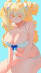  1girl :3 absurdres ahoge bikini blonde_hair blue_background blue_bow bow breasts closed_mouth hair_between_eyes hair_ornament hair_scrunchie highres huge_breasts looking_at_viewer mofu_mofuko_(ryusei_hashida) mole mole_on_breast mole_on_thigh orange_eyes original ryusei_hashida scrunchie simple_background sitting solo swimsuit twintails white_bikini 
