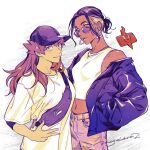  2girls bangs baseball_cap breasts closed_mouth commentary_request dark_skin dark-skinned_female earrings eyelashes gen_4_pokemon genderswap genderswap_(mtf) grey_eyes grey_pants hat jacket jewelry leon_(pokemon) long_hair moge-hera multiple_girls navel off_shoulder open_clothes open_jacket pants pokemon pokemon_(game) pokemon_swsh purple_hair purple_headwear purple_jacket raihan_(pokemon) rotom rotom_phone shirt short_sleeves signature sleeveless sleeveless_shirt smile sunglasses torn_clothes torn_pants triangle_earrings undercut undershirt w white_shirt 