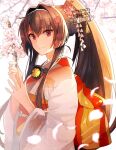  1girl breasts brown_hair cherry_blossoms closed_mouth collar flower hair_between_eyes hair_flower hair_intakes hair_ornament headgear highres holding holding_flower japanese_clothes kantai_collection kasumi_(skchkko) kimono large_breasts long_hair looking_at_viewer metal_collar ponytail red_eyes sidelocks smile solo very_long_hair yamato_(kancolle) 