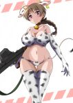  1girl absurdres animal_ears animal_print ass_visible_through_thighs bell blue_eyes bottle bra braid brown_hair cow_ears cow_horns cow_print cow_tail cowbell cowboy_shot gun highres horns large looking_at_viewer lynette_bishop miyafuji_yoshika panties single_braid smile solo standing strike_witches tail thigh_gap tricky_46 underwear underwear_only weapon weapon_request white_bra white_legwear white_panties world_witches_series 