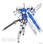  1girl blue_hair boots clothing_cutout flat_chest floating floating_hair green_eyes gun gundam gundam_0083 gundam_gp-04_gerbera highres holding holding_gun holding_shield holding_weapon i.takashi long_hair looking_at_viewer navel navel_cutout personification shield sketch smile solo thigh-highs thigh_boots v-shaped_eyebrows weapon white_background 