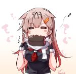  1girl :3 absurdres artist_name baileys_(tranquillity650) black_gloves black_ribbon black_serafuku blonde_hair blush_stickers closed_eyes eating eighth_note eyebrows_visible_through_hair fingerless_gloves food gloves hair_flaps hair_ornament hair_ribbon hairclip highres kantai_collection long_hair meat musical_note neckerchief red_neckwear remodel_(kantai_collection) ribbon scarf school_uniform serafuku short_sleeves signature solo twitter_username upper_body white_scarf yuudachi_(kancolle) 