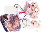  1girl black_footwear black_legwear blonde_hair blue_eyes breasts clock closed_mouth eyebrows_visible_through_hair fingernails heart holding holding_magnifying_glass hololive hololive_english hong_(white_spider) large_breasts long_hair long_sleeves looking_at_viewer magnifying_glass necktie patreon_username plaid red_neckwear shirt shoes short_hair smile solo stethoscope syringe thigh-highs virtual_youtuber watson_amelia white_shirt 