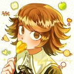  1boy bangs bong_(0u0bon) brown_eyes brown_hair dangan_ronpa:_trigger_happy_havoc dangan_ronpa_(series) food fruit fujisaki_chihiro hand_up happy_birthday heart holding looking_at_viewer male_focus mouth_hold neck_ribbon otoko_no_ko portrait ribbon shiny shiny_hair short_hair smile solo sticker symbol_commentary 