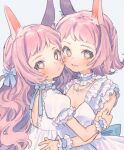  2girls :d animal_ear_fluff animal_ears blue_bow blue_choker blush bow braid brown_eyes choker closed_mouth collarbone commentary dress frilled_choker frills grey_background hair_bow highres hug jewelry kouhara_yuyu long_hair looking_at_viewer looking_back multiple_girls open_mouth original pendant pink_hair puffy_short_sleeves puffy_sleeves rabbit_ears short_sleeves simple_background sleeveless sleeveless_dress smile symbol_commentary very_long_hair white_dress wrist_cuffs 