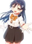  1girl bangs belt birthday blue_hair braid commentary_request earrings hair_ornament jewelry long_hair long_sleeves looking_at_viewer love_live! love_live!_school_idol_project reaching_out ribbon shiny shiny_hair side_braid skirt skull573 solo sonoda_umi yellow_eyes 