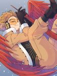  1boy belt black_footwear black_gloves black_legwear black_shirt blonde_hair boku_no_hero_academia boots brown_belt brown_jacket brown_pants buttons closed_mouth commentary_request facial_hair facial_mark feathered_wings feathers fur-trimmed_gloves fur-trimmed_jacket fur_trim gloves goggles grey_background half-closed_eyes hawks_(boku_no_hero_academia) headphones high_collar holding holding_feather jacket light_smile looking_at_viewer looking_to_the_side male_focus miso_(mimimiso) pants pocket red_feathers red_wings shirt short_hair socks solo stubble tinted_eyewear wings yellow-tinted_eyewear yellow_eyes 