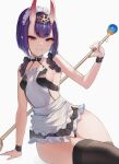  1girl adapted_costume alternate_costume apron bob_cut breasts enmaided eyeliner fate/grand_order fate_(series) highres horns maid maid_apron maid_headdress makeup oni oni_horns oni_noodle pointy_ears purple_hair short_hair shuten_douji_(fate) sideboob small_breasts smile solo violet_eyes wide_hips 