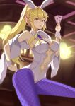  1girl absurdres animal_ears artoria_pendragon_(all) artoria_pendragon_(swimsuit_ruler)_(fate) blonde_hair blue_legwear blue_neckwear braid card casino clothing_cutout cowboy_shot crystal46311 detached_collar eyebrows_visible_through_hair fate/grand_order fate_(series) feather_boa fishnet_legwear fishnets french_braid green_eyes highleg highleg_leotard highres leotard looking_at_viewer navel_cutout playboy_bunny playing_card ponytail rabbit_ears smile solo tiara white_leotard wrist_cuffs 