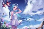  1girl :d bare_shoulders bird blue_eyes blue_hair blue_sky bracelet bug butterfly choker clouds commentary_request day dress flower granblue_fantasy grass highres insect jewelry leg_garter long_hair lyria_(granblue_fantasy) open_mouth outdoors sachi_(160332) sky smile standing vee_(granblue_fantasy) very_long_hair white_choker white_dress wind 