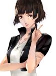  1girl arm_up braid breasts brown_hair closed_mouth collarbone cropped_jacket crown_braid highres looking_at_viewer medium_breasts niijima_makoto persona persona_5 pertex_777 red_eyes shirt short_hair short_sleeves simple_background smile solo upper_body white_background white_shirt 