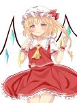  1girl ascot bangs blonde_hair blush bow closed_mouth cowboy_shot crystal eyebrows_visible_through_hair flandre_scarlet frilled_shirt_collar frills hands_up hat hat_bow highres looking_at_viewer mob_cap one_side_up orange_eyes petticoat puffy_short_sleeves puffy_sleeves red_bow red_skirt red_vest short_hair short_sleeves simple_background skirt skirt_set smile solo standing tomu! touhou vest white_background white_headwear wings wrist_cuffs yellow_neckwear 