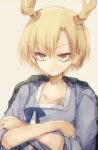  1girl :/ bangs blonde_hair blue_shirt breasts closed_mouth collarbone crossed_arms dragon_horns eyebrows_visible_through_hair glaring grey_background highres horns kicchou_yachie kujikimi looking_at_viewer orange_eyes parted_bangs shirt short_hair simple_background sleeves_past_elbows slit_pupils small_breasts solo touhou tsurime turtle_shell upper_body v-shaped_eyebrows 