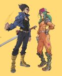  1boy 1girl aqua_eyes aqua_hair arm_at_side backwards_hat bandaid bandaid_on_cheek bandaid_on_face baseball_cap belt black_eyes black_hair black_pants black_shirt boots breasts bulma_(future) capsule_corp clenched_hands closed_mouth contrapposto cosplay denim denim_jacket dragon_ball dragon_ball_z expressionless fanny_pack fingerless_gloves fingernails frown full_body gloves green_footwear grey_gloves half-closed_eyes hand_on_hip hand_up hat hicham_habchi high_collar highres jacket jumpsuit knee_boots looking_afar looking_to_the_side medium_breasts open_clothes open_jacket orange_background orange_jumpsuit pants pink_headwear ponytail shirt side-by-side sidelocks simple_background spiky_hair standing sword trunks_(future)_(dragon_ball) trunks_(future)_(dragon_ball)_(cosplay) vegeta weapon white_belt wrinkles yellow_belt yellow_footwear 