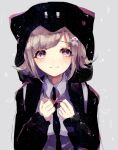  1girl backpack bag bangs black_jacket blush brown_hair clenched_hands collared_shirt commentary_request dangan_ronpa_(series) dangan_ronpa_2:_goodbye_despair eyebrows_visible_through_hair flipped_hair grey_background grey_shirt hair_ornament hands_up hood jacket looking_at_viewer momongapoketto nanami_chiaki neck_ribbon pentagram pink_eyes pink_hair pink_ribbon ribbon shirt short_hair sketch smile solo space_print star_(symbol) star_in_eye starry_sky_print symbol_in_eye upper_body 