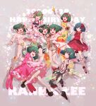  \m/ ahoge animal_ears apron bangle bikini bow bracelet cat_ears dated dress elbow_gloves eyewear_on_head fake_animal_ears fingerless_gloves gloves green_hair hair_bow hair_ornament hairband happy_birthday highres horhor87 jewelry macross macross_frontier macross_frontier:_itsuwari_no_utahime macross_frontier:_sayonara_no_tsubasa multiple_persona navel necklace one_eye_closed oosanshouuo-san pink_dress ranka_lee red_dress red_eyes scrunchie short_hair shorts side-tie_bikini smile sunglasses swimsuit wrist_scrunchie 