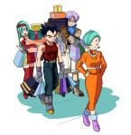  2boys 2girls ankle_boots aqua_hair arms_at_sides bag belt black_hair blue_eyes blue_neckwear boots box bra_(dragon_ball) bracelet brother_and_sister brown_footwear brown_gloves bulma cargo_shorts carrying_over_shoulder closed_eyes closed_mouth collarbone dragon_ball dragon_ball_gt earrings elbow_gloves family father_and_daughter father_and_son fingerless_gloves frown full_body gloves grey_footwear grey_gloves hairband hands_on_hips holding holding_box jacket jewelry lado_(rado) leaning_to_the_side light_smile long_hair long_skirt looking_to_the_side mother_and_daughter mother_and_son multiple_boys multiple_girls neckerchief necklace orange_skirt pants pearl_necklace purple_footwear purple_hair red_footwear red_gloves red_hairband red_skirt shoes shopping_bag short_hair shorts siblings simple_background skirt socks spiky_hair standing tank_top thigh-highs thigh_boots triangle_earrings trunks_(dragon_ball) turtleneck vegeta very_short_hair walking white_background wrinkles zettai_ryouiki 