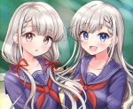  2girls :d :o absurdres bangs blue_eyes blue_sailor_collar blue_shirt blush braid braided_bangs brown_eyes chalkboard collarbone commentary_request earrings eyebrows_visible_through_hair grey_hair hair_over_shoulder hair_ribbon hand_up highres hisakawa_hayate hisakawa_nagi huge_filesize idolmaster idolmaster_cinderella_girls idolmaster_cinderella_girls_starlight_stage jewelry long_hair long_sleeves looking_at_viewer low_twintails mitsumine_raimu multiple_girls neckerchief open_mouth parted_lips red_neckwear red_ribbon ribbon sailor_collar school_uniform serafuku shirt siblings sisters smile twins twintails upper_body 