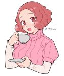  1girl :d blush brown_eyes brown_hair cup do_m_kaeru long_sleeves okumura_haru open_mouth persona persona_5 pink_sweater ribbed_sweater saucer short_hair short_over_long_sleeves short_sleeves smile solo sweater teacup twitter_username upper_body white_background 