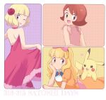  1boy :d ash_ketchum ashley_(pokemon) bangs blonde_hair blunt_bangs bow brown_eyes brown_hair character_name closed_mouth crossdressinging dress eyelashes flower gen_1_pokemon hair_flower hair_ornament hairband head_rest heart long_hair male_focus mei_(maysroom) number open_mouth orange_dress otoko_no_ko pikachu pink_ribbon pokemon pokemon_(anime) pokemon_(classic_anime) pokemon_(creature) pokemon_ep026 pokemon_rse_(anime) pokemon_sm_(anime) red_flower ribbon short_hair short_sleeves shoulder_blades smile tongue tongue_out 