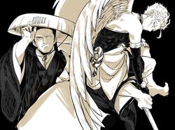  2boys alternate_costume bare_shoulders black_kimono boku_no_hero_academia costume_request facial_hair feathered_wings from_side greyscale hawks_(boku_no_hero_academia) headwear_request japanese_clothes kimono looking_at_viewer male_focus mature_male monochrome mu2_mu2_mu2 multiple_boys scar scar_across_eye short_hair sideburns smug spiky_hair stubble todoroki_enji upper_body wings 