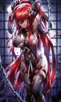  1girl arms_up bangs been black_gloves black_legwear black_panties blood blood_splatter blurry blurry_foreground breasts chain elbow_gloves elesis_(elsword) elsword eyebrows_visible_through_hair floating_hair garter_straps gloves hair_between_eyes high_ponytail highres large_breasts long_hair looking_down open_mouth panties redhead restrained shiny shiny_hair sideboob solo standing thigh-highs torn_clothes torn_legwear underwear v-shaped_eyebrows very_long_hair yellow_eyes 