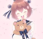  1girl :d ^_^ anchor_symbol bangs black_ribbon black_sailor_collar blush brown_hair cherry_blossoms closed_eyes commentary_request dress eyebrows_visible_through_hair facing_viewer flower hair_between_eyes hair_flower hair_ornament hair_ribbon headgear kantai_collection long_sleeves object_hug open_mouth pink_background pink_flower ribbon round_teeth sailor_collar sailor_dress signature simple_background smile solo stuffed_animal stuffed_toy teddy_bear teeth tsukimochikuriko_(tsukimochi_k) upper_body upper_teeth white_day white_dress yukikaze_(kancolle) 
