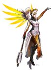  1girl absurdres armor artist_name bangs blueh_eyes breasts daniel_deng energy_wings english_commentary floating full_body gloves grey_gloves highres holding holding_staff leg_up looking_ahead medium_breasts mercy_(overwatch) open_hand overwatch ponytail solo staff tied_hair white_background white_hair 