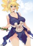  1girl blonde_hair blue_eyes breasts clouds dr._stone eyebrows_visible_through_hair hair_between_eyes holding holding_sword holding_weapon kohaku_(dr._stone) large_breasts open_mouth pink_seito shiny shiny_hair shiny_skin sky solo sword weapon 