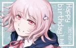  1girl artist_name bangs black_shirt collared_shirt commentary_request dangan_ronpa_(series) dangan_ronpa_2:_goodbye_despair dated eyebrows_visible_through_hair face grin happy_birthday highres hood medium_hair nanami_chiaki neck_ribbon pale_skin pink_eyes pink_hair pink_ribbon portrait revision ribbon shirt smile solo spaceship_hair_ornament tetose white_shirt 