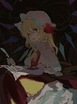  1girl abstract_background ascot bangs blonde_hair breasts brown_background capelet crystal eyebrows_behind_hair feet_out_of_frame flandre_scarlet hair_between_eyes hat highres holding_quill kusariuta looking_away medium_hair mob_cap one_side_up paper parted_lips red_eyes red_skirt red_vest sideways_glance simple_background sitting skirt skirt_set slit_pupils small_breasts solo touhou vest white_capelet white_headwear wings writing yellow_neckwear 