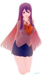  1girl :d absurdres arms_behind_back blue_skirt collared_shirt colored_inner_hair doki_doki_literature_club grey_jacket hair_between_eyes hair_ornament hairclip highres jacket kneeling long_hair looking_at_viewer miniskirt multicolored_hair neck_ribbon open_mouth orange_vest pleated_skirt purple_hair red_neckwear red_ribbon redhead ribbon ryusei_hashida shirt signature simple_background skirt smile solo very_long_hair vest violet_eyes white_background white_shirt wing_collar yuri_(doki_doki_literature_club) 