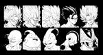  6+boys antennae aura bangs black_background black_border black_sclera border cell_(dragon_ball) clenched_hand close-up closed_eyes closed_mouth colored_sclera dragon_ball dragon_ball_z earrings electricity evil_smile face facing_viewer fenyon finger_to_face fingers_together frieza gloves gotenks hand_up head_down highres jewelry kid_buu looking_afar looking_at_viewer looking_back looking_to_the_side majin_buu majin_vegeta male_focus metamoran_vest monochrome multiple_boys neckerchief open_mouth perfect_cell piccolo pointy_ears potara_earrings profile serious simple_background smile son_gohan son_goku spiky_hair super_saiyan super_saiyan_2 super_saiyan_3 tongue vegeta vegetto veins 