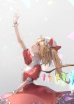  1girl arm_up bangs blonde_hair bow bowtie commentary_request crystal dress flandre_scarlet from_side hat hat_bow highres long_hair looking_up mob_cap one_side_up open_mouth pointy_ears profile puffy_short_sleeves puffy_sleeves reaching red_bow red_bowtie red_dress red_eyes shironeko_yuuki short_sleeves solo touhou white_headwear wings wrist_cuffs 