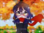  artist_name autumn character clenched_hand crying framed frown glasses hair_tie jacket leaf lowres original purple_hair red_scarf scarf short_twintails signature subtitled tsxbomii. twintails watermark wind yellow_eyes 