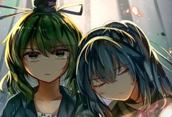  bangs bruise bruise_on_face closed_eyes collarbone dress expressionless eyebrows_visible_through_hair eyelashes green_dress green_eyes green_hair hat injury itsumizu light_rays medium_hair mononobe_no_futo no_nose ponytail ribbon soga_no_tojiko tate_eboshi touhou 