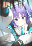  1girl blue_archive blue_eyes blurry blurry_foreground blush commentary_request gloves hair_ornament halo highres id_card long_hair looking_at_viewer necktie pov purple_hair reaching_out school_uniform solo_focus table twintails two_side_up window yuuka_(blue_archive) 