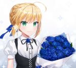  1girl ahoge artoria_pendragon_(all) bangs black_ribbon blonde_hair blue_flower blue_ribbon blue_rose bouquet braid breasts center_frills collared_shirt dress fate_(series) flower frills green_eyes naomi_(fantasia) pinafore_dress puffy_short_sleeves puffy_sleeves ribbon rose saber shirt short_hair short_sleeves small_breasts smile solo upper_body white_shirt 