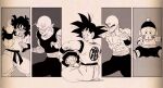  6+boys abs antennae bald black_eyes black_hair black_headwear chaozu child chinese_clothes closed_mouth clothes_writing collarbone dougi dragon_ball dragon_ball_(object) dragon_ball_z evil_grin evil_smile expressionless father_and_son feet_out_of_frame fenyon fighting_stance fingernails flying from_behind full_body grin hand_up hands_up hat highres index_finger_raised indian_style leaning_to_the_side long_fingernails long_hair looking_at_viewer looking_back male_focus monochrome multiple_boys muscular open_mouth outline paneled_background panels piccolo pointing pointy_ears scar scar_on_cheek scar_on_face sepia shirtless sitting sitting_on_lap sitting_on_person smile son_gohan son_goku spiky_hair teeth tenshinhan third_eye yamcha 