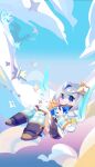  1girl :3 amane_kanata angel_wings blue_eyes blue_hair boots chibi clouds colored_inner_hair commentary dragon flying halo highres hololive kiryu_coco_(dragon) multicolored_hair short_hair silver_hair skirt sky star_(symbol) streaked_hair virtual_youtuber wings xyzal 