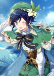  1boy bangs black_hair blue_hair blush bow braid cape clouds cloudy_sky day dvalin_(genshin_impact) eyebrows_visible_through_hair feathers flower frilled_sleeves frills gem genshin_impact gradient_hair green_eyes green_headwear hair_flower hair_ornament hand_on_own_head hat highres jewelry leaf light_particles long_sleeves looking_at_viewer male_focus multicolored_hair one_eye_closed open_mouth outdoors pinwheel ribbon sky smile solo sparkle tamano_mayo twin_braids venti_(genshin_impact) vision_(genshin_impact) white_flower 