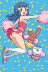  1girl :d absurdres arched_back ass bangs bare_arms blue_background blue_eyes blue_hair body_blush buneary cheerleader clothed_pokemon commentary_request confetti hikari_(pokemon) eyelashes floating_hair gen_4_pokemon hair_ornament hairclip highres holding holding_pom_poms kneehighs knees_together long_hair looking_at_viewer open_mouth outstretched_arms panties pink_footwear pink_skirt piplup pokemoa pokemon pokemon_(anime) pokemon_(creature) pokemon_dppt_(anime) pom_poms shiny shiny_skin shirt shoes skirt sleeveless sleeveless_shirt smile sneakers starter_pokemon tongue underwear white_legwear 