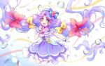  1girl :d blush bow bow_earrings bubble choker cure_coral dress earrings fingerless_gloves full_body gloves hair_bow hat heart index_finger_raised jewelry kyoutsuugengo long_hair looking_at_viewer low_tied_hair magical_girl multiple_hair_bows open_mouth precure purple_dress purple_hair round_teeth sailor_hat smile solo suzumura_sango teeth tropical-rouge!_precure twintails underwater very_long_hair white_gloves yellow_bow yellow_eyes 