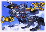  aircraft airplane clouds crossover diabattles diaclone fighter_jet flying gattai gridman_(ssss) highres jet looking_ahead mecha military military_vehicle moyan no_humans open_hands procreate_(medium) science_fiction sky solo ssss.gridman 