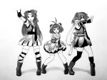  3girls antenna_hair asymmetrical_legwear black_gloves black_legwear black_neckwear black_skirt boots double_bun elbow_gloves fingerless_gloves forehead_protector full_body gloves greyscale hachimaki hair_bun hair_intakes half_updo headband jintsuu_(kancolle) kantai_collection long_hair looking_at_viewer monochrome multiple_girls naka_(kancolle) pleated_skirt remodel_(kantai_collection) scarf school_uniform sendai_(kancolle) serafuku short_hair skirt standing thigh-highs tsukigime two_side_up white_gloves white_legwear white_scarf 