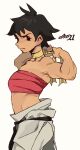  1girl absurdres arms_up black_hair cowboy_shot dougi highres makoto_(street_fighter) midriff navel short_hair signature solo strapless street_fighter street_fighter_iii_(series) tubetop whoopsatro 