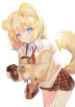  1girl absurdres animal_ears bag bangs blonde_hair blue_eyes bubba_(watson_amelia) collared_shirt cup dog_ears dog_tail eyebrows_visible_through_hair eyewear_on_head grin hair_between_eyes handbag highres holding holding_cup holding_stuffed_toy hololive hololive_english huge_filesize looking_at_viewer monocle plaid plaid_skirt pleated_skirt pola_(1021) shirt simple_background skirt smile solo stuffed_animal stuffed_dog stuffed_toy tail uniform virtual_youtuber watson_amelia white_background white_shirt 