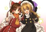  2girls bangs benikurage_(cookie) black_gloves black_shirt black_skirt blonde_hair blush bow braid brown_eyes brown_hair commentary_request cookie_(touhou) cowboy_shot detached_sleeves eyebrows_visible_through_hair eyes_visible_through_hair frilled_bow frilled_hair_tubes frills gloves gradient gradient_background grin hair_between_eyes hair_bow hair_tubes hakurei_reimu hat hat_bow holding_hands kirisame_marisa long_hair long_sleeves looking_at_viewer medium_hair meji_aniki mittens multiple_girls open_mouth parted_bangs purple_bow red_bow red_gloves red_shirt red_skirt rei_(cookie) ribbon-trimmed_sleeves ribbon_trim shirt side_braid single_braid skirt smile star_(symbol) touhou turtleneck white_background white_shirt white_sleeves witch_hat 