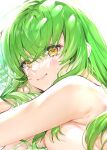  1girl absurdres bangs bare_arms bare_shoulders blush breasts c.c. code_geass eyebrows_visible_through_hair face green_hair highres kou_mashiro long_hair looking_at_viewer shiny shiny_hair sideboob smile solo yellow_eyes 